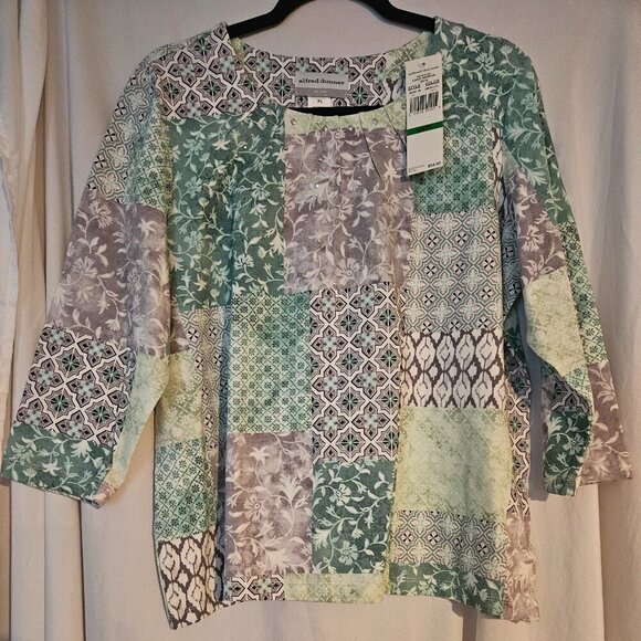 Alfred Dunner top‎ beaded round neckline patchwork pullover 3/4 sleeves PL - Picture 1 of 6